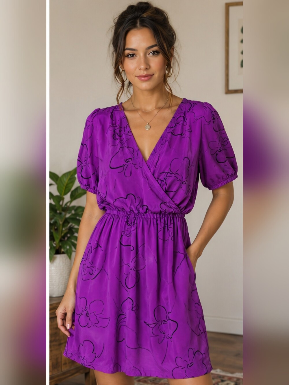 Kimchi Blue 100% Silk Purple Floral Dress Size L  Quiet Luxury